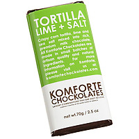 Komforte Chockolates Tortilla Lime and Salt Milk Chocolate Bar in green and white packaging
