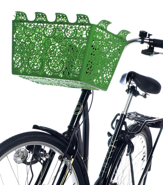 Green Carrie Bicycle Basket on black bike - cropped